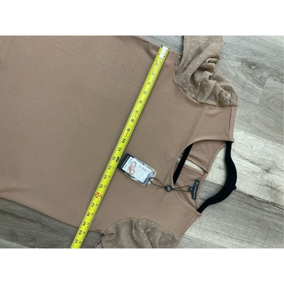 Adrianna Papell NWT Daisy Mesh Short Sleeve Cocoa Blouse, Sz Medium, MP $69 - Picture 9 of 11